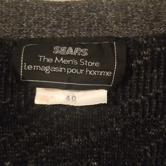 Mens Size 40 Medium Black White Cardigan Sweater Sears Grandpa Knit Cobain - Picture 3 of 3